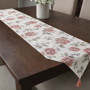 Floral Table Runner 70x12 Rose Print Tassel Ends Cottage Farmhouse